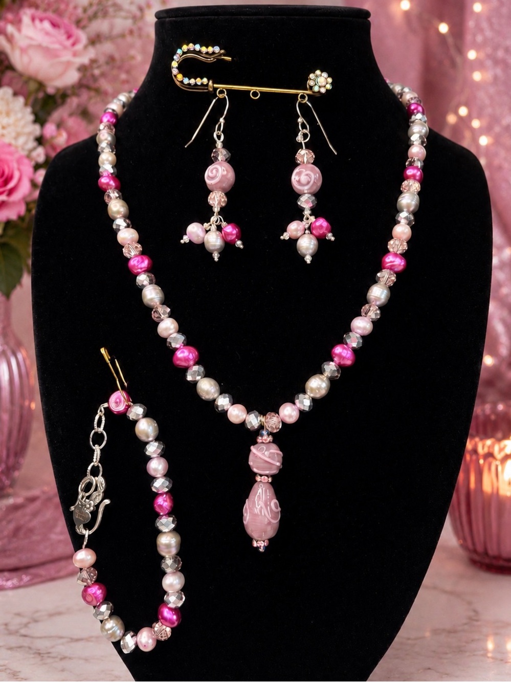 Lavender Freshwater Pearls, Crystals & Art Glass Necklace, Bracelet & Earrings